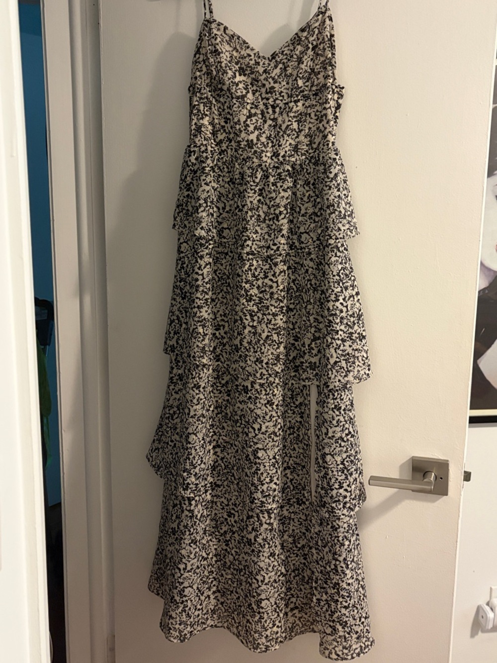 Aqua Black and White Floral Tiered Dress
